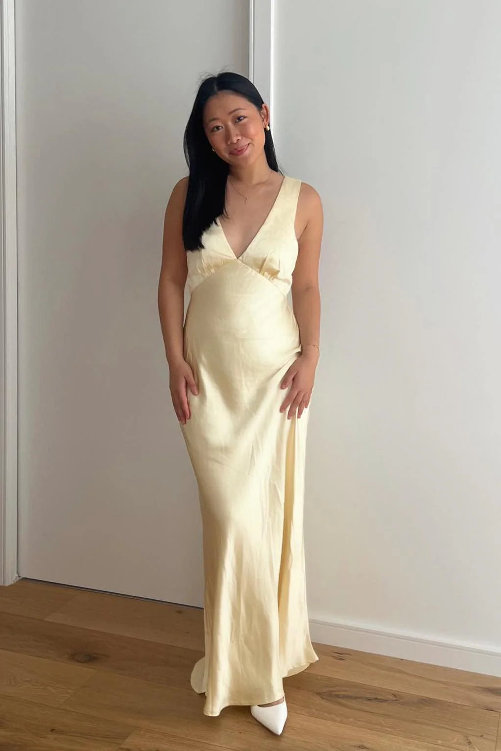 Robe Weitese en satin jaune à col en V et dos bénitier, robe de soirée fourreau longue, robe de bal